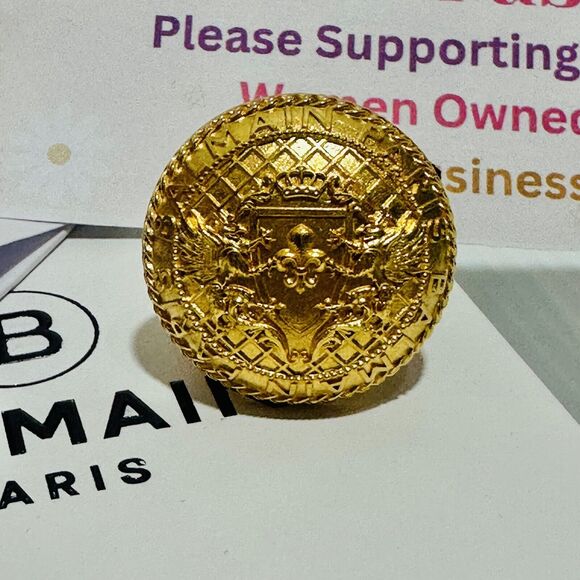 Balmain Antique Gold-Tone Brass Coin Ring Unisex Size M/ 7 NIB $595 - Picture 5 of 13